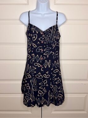 Vintage Navy Printed Spaghetti-Strap Mini Dress with Front Buttons